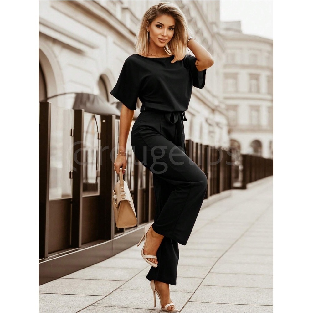 Black Jumpsuit Tie Belt Straight Leg Business Casual Short Sleeve